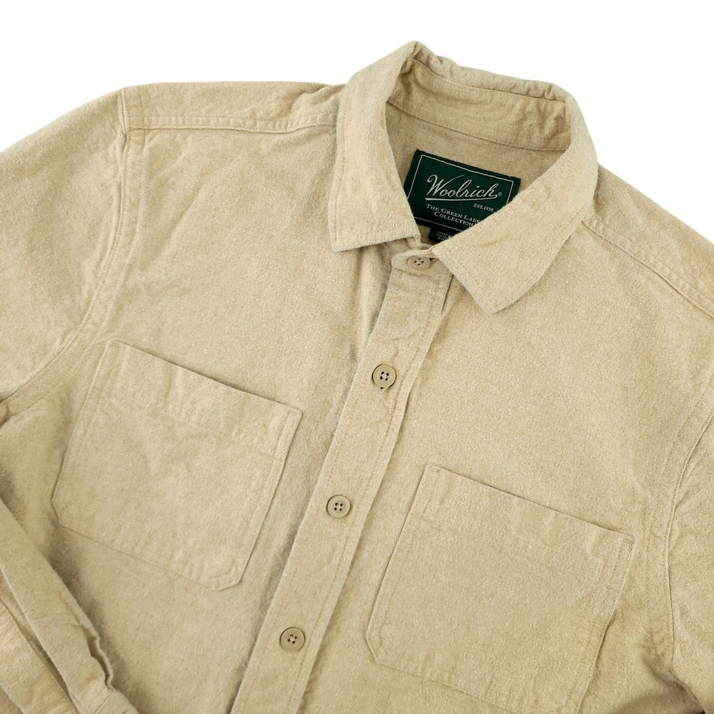 Woolrich Flannel Shirt Mens S Beige Solid Long Sleeve Button Up Casual Cotton